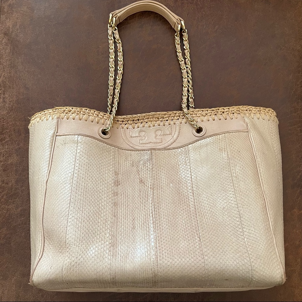 Tory Burch blush snake and raffia tote with chain handle